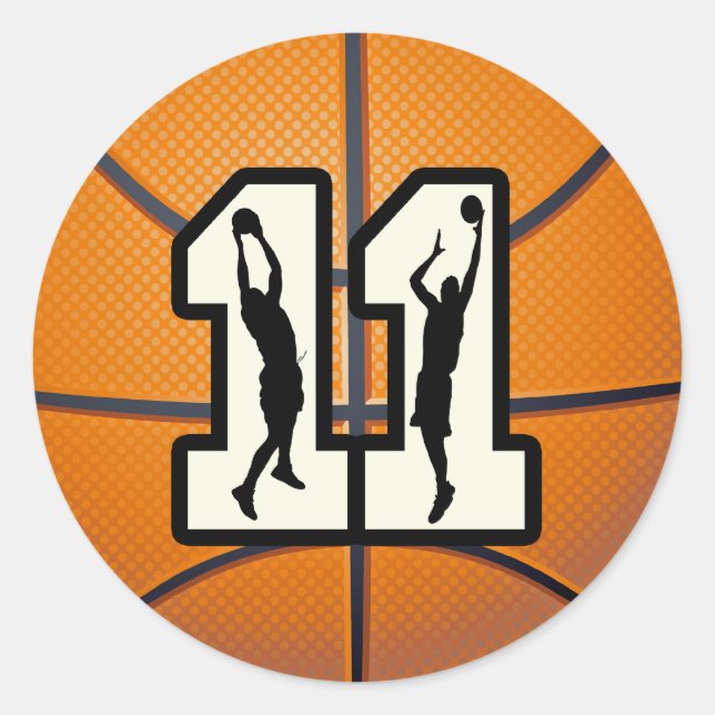 Number 11 Basketball and Players Classic Round Sticker (Front)