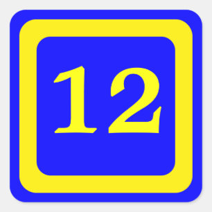 number 12, blue background, yellow frame square sticker