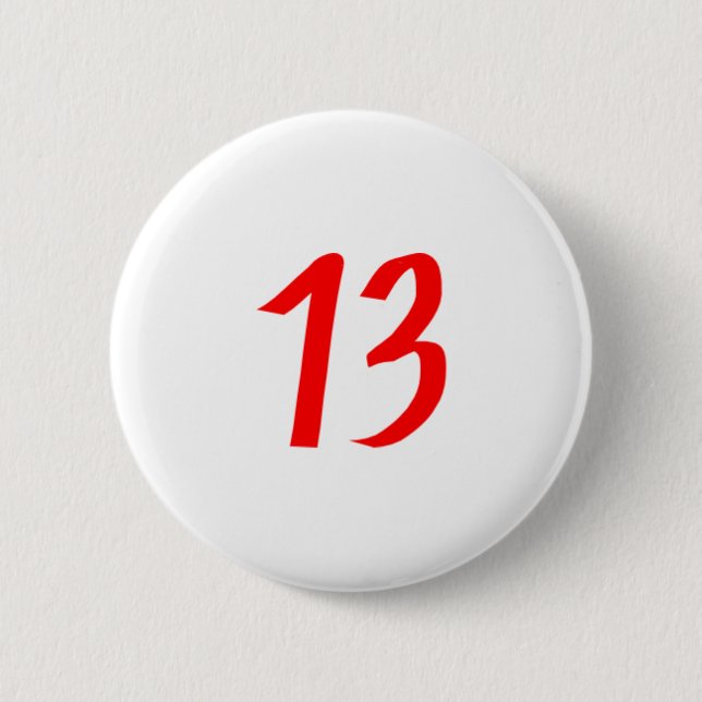 Number 13 thirteen red colour 2 inch round button (Front)