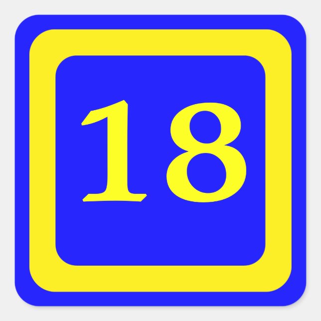 number 18, blue background, yellow frame square sticker (Front)