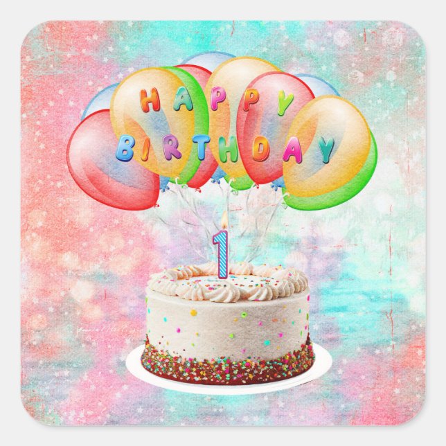 Number 1 Candle on Cake, Happy Birthday, Colourful Square Sticker (Front)