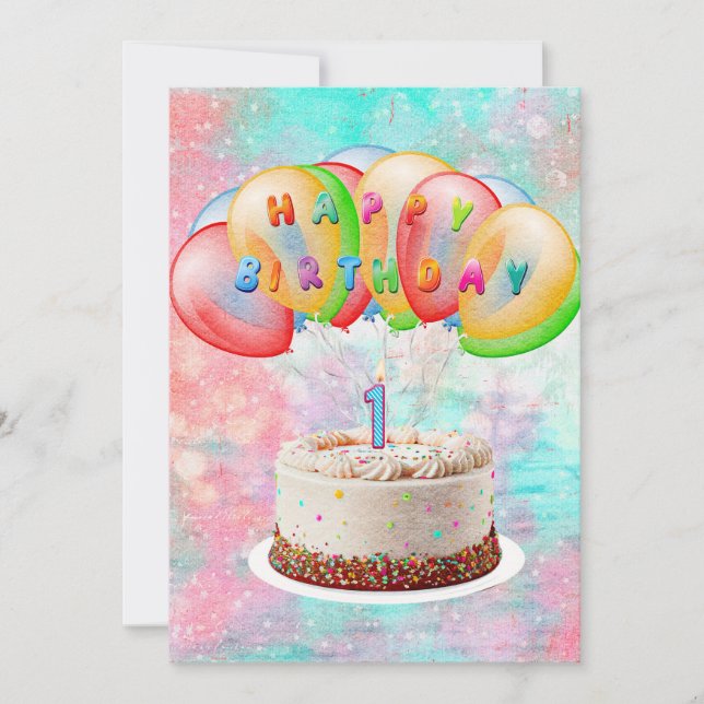 Number 1 Candle on Cake, Happy Birthday, Colourful Thank You Card (Front)