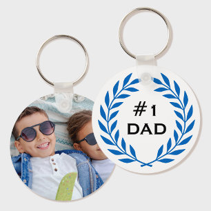 Number 1 Dad Laurel Wreath Custom Photo Blue Keychain