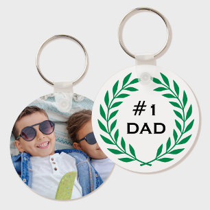 Number 1 Dad Laurel Wreath Custom Photo Green Keychain