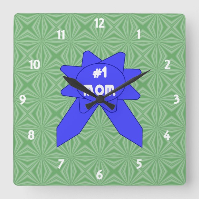 Number 1 Mom Blue Ribbon Square Wall Clock (Front)