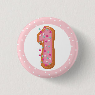 Number 1 One Pink Iced Doughnuts Baby First Birthd Inch Round Button