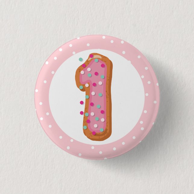 Number 1 One Pink Iced Doughnuts Baby First Birthd Inch Round Button (Front)