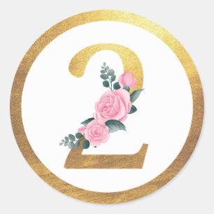 Number 2 Two Pink Roses Floral & Elegant Gold Classic Round Sticker