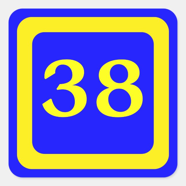 number 38, blue background, yellow frame square sticker (Front)