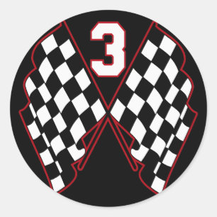 NUMBER 3 AND CHECKERED FLAGS CLASSIC ROUND STICKER
