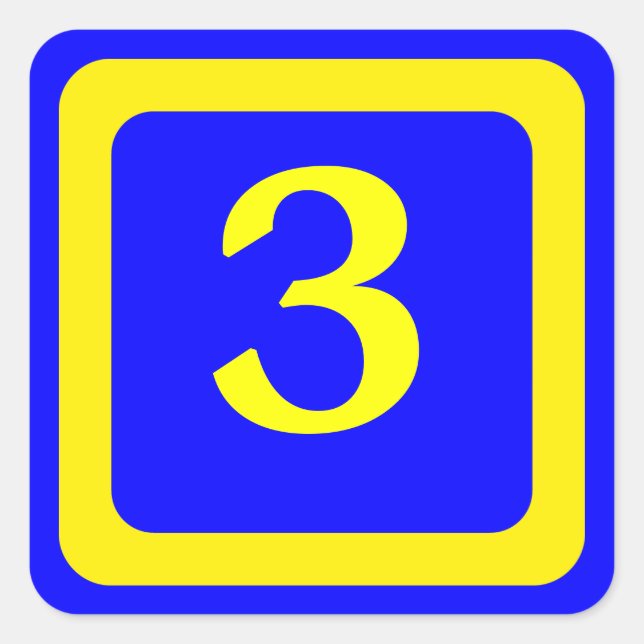number 3, blue background, yellow frame square sticker (Front)