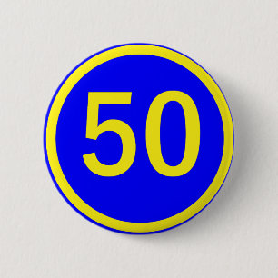 number, 50, in a circle 2 inch round button