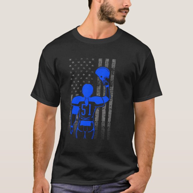 Number 51 Blue Female Football Player Flag With He T-Shirt (Front)