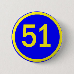 number, 51, in a circle 2 inch round button