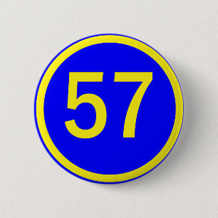 number, 57, in a circle 2 inch round button