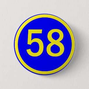 number, 58, in a circle 2 inch round button