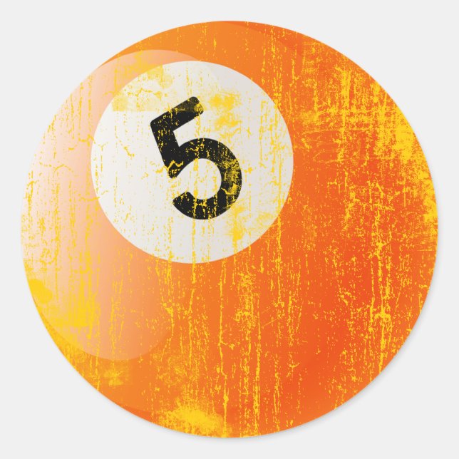 NUMBER 5 BILLIARDS BALL - ERODED AND AGED STYLE CLASSIC ROUND STICKER (Front)