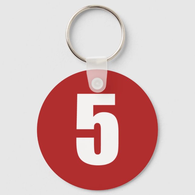 Number 5  in white on red button keychain (Front)