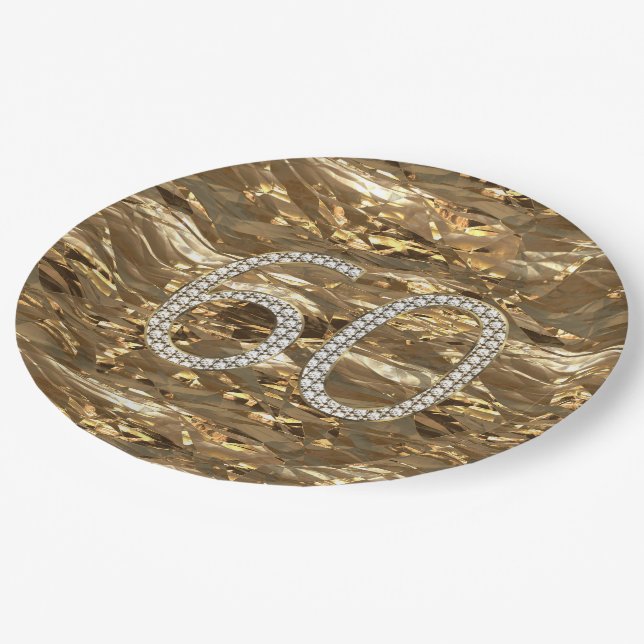 Number 60 Diamond Wedding 60th Anniversary Gold Paper Plate (Angled)