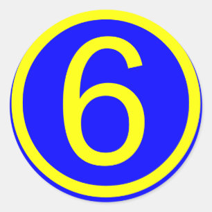 number 6 in a circle, blue background classic round sticker