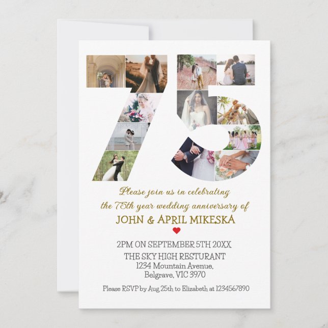 Number 75 Custom Photo Wedding Anniversary Invitation (Front)