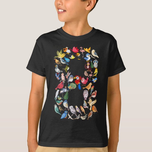 Number 8 Birds Theme 8 Year Old Boys Kids T-Shirt (Front)