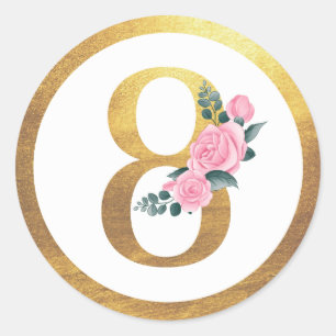 Number 8 Eight Pink Roses Floral & Elegant Gold Classic Round Sticker