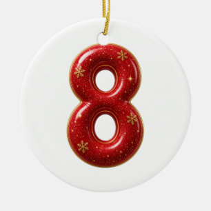 Number 8 Red Glitter Christmas Ceramic Ornament