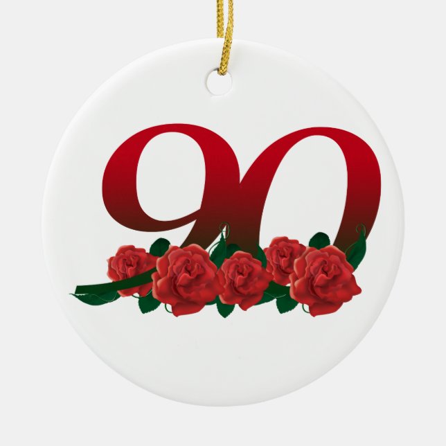 Number 90 or 90th birthday floral ceramic ornament (Front)