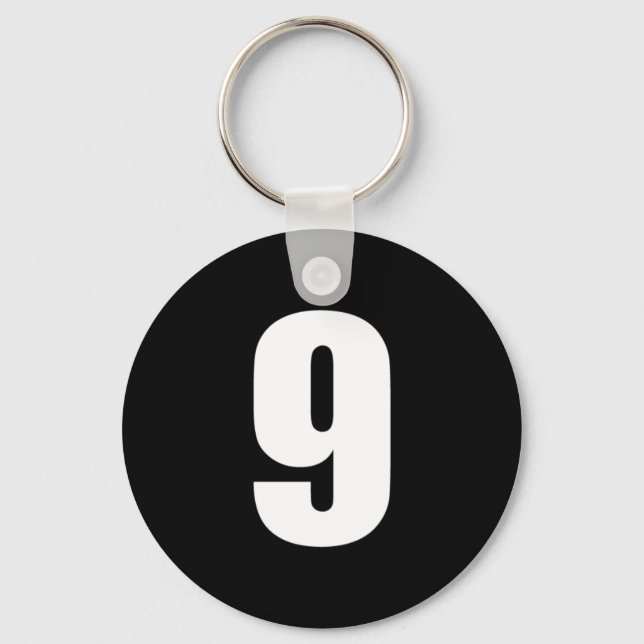 number 9 in white on black button keychain (Front)
