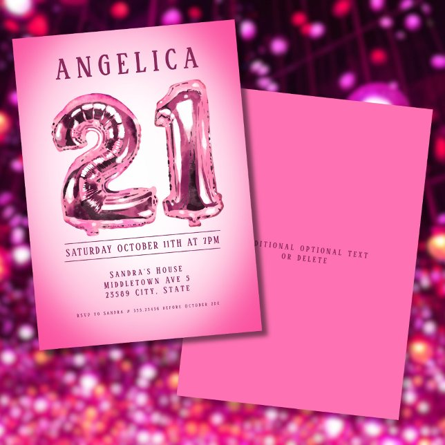 Number Balloons 21st Pink Birthday Invitation (Number Balloons 21st Birthday Invitation)