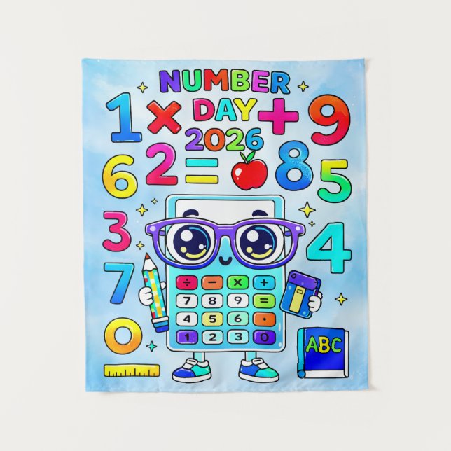 Number Day 2026 Cute Calculator Math Design Tapestry (Front)