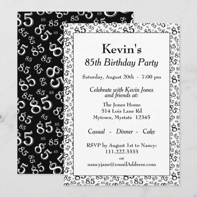 Number Pattern 85 Cool Birthday Party Black/White Invitation (Front/Back)
