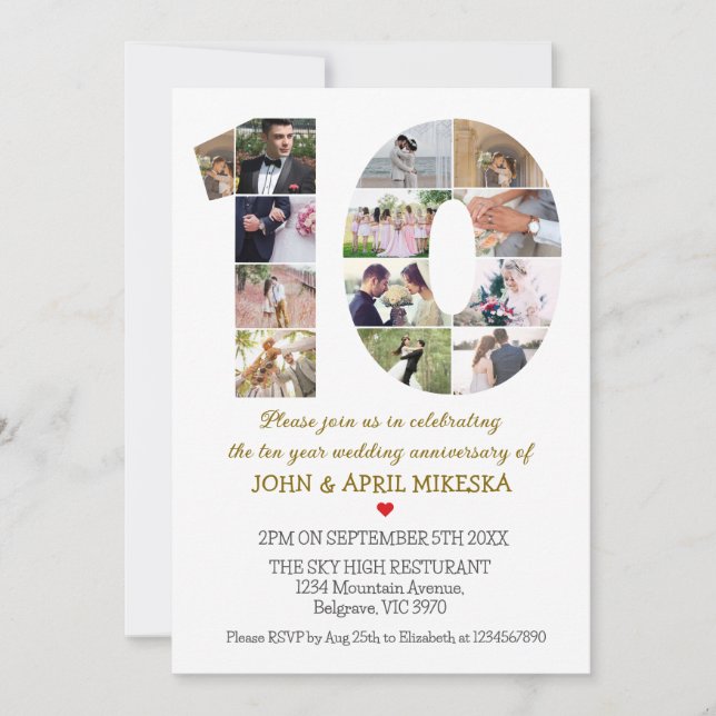 Number Ten Custom Photo Wedding Anniversary Invitation (Front)