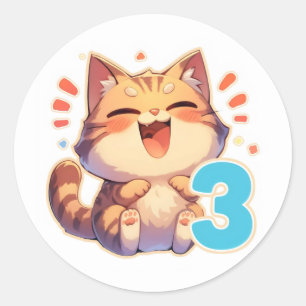 Number Three Anime Cat Classic Round Sticker