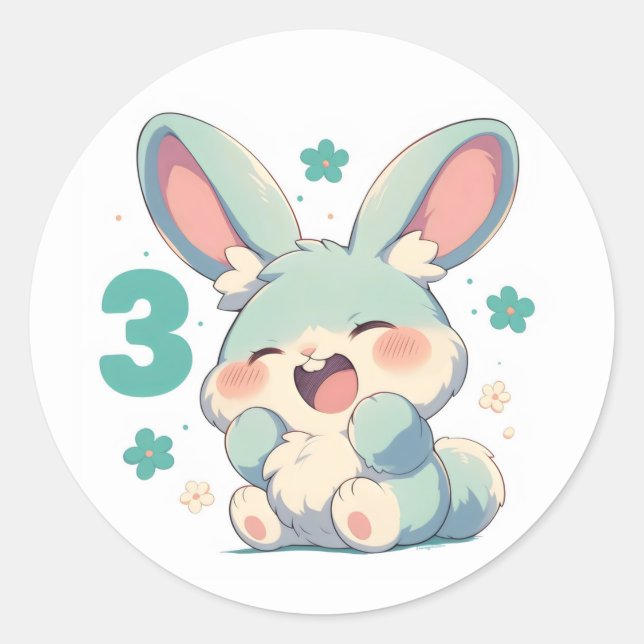 Number Three Cute Anime Bunny Classic Round Sticker (Front)