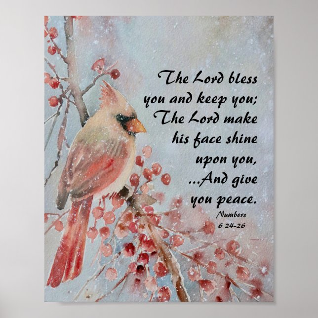 Numbers 6 24-26 Lord Bless You Red Bird & Berries Poster (Front)
