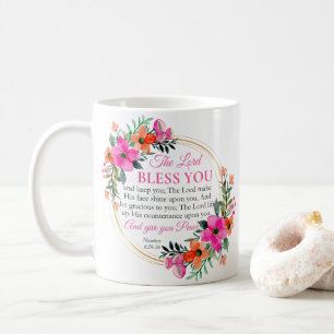 Numbers 6:24-26 Pink Floral Wreath Christian Coffee Mug