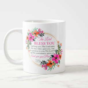 Numbers 6:24-26 Pink Floral Wreath Christian Large Coffee Mug