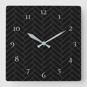 Numbers Black Grey Herringbone Pattern Square Wall Clock