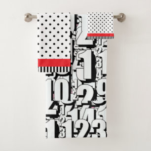 Numbers Kids Black White Dots Red Bath Towel Set