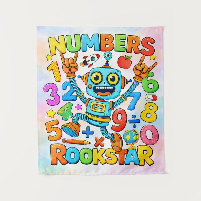 Numbers Rockstar Cute Robot Math Design Tapestry (Front)