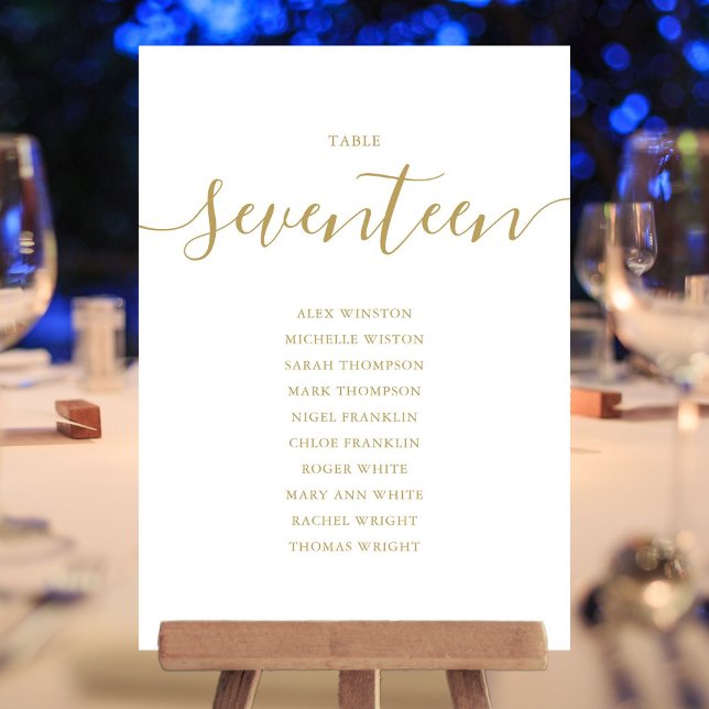 Numéro de table 17 élégant écriture dorée Plan de  (Elegant Gold Script Table Number 17 Seating Chart)