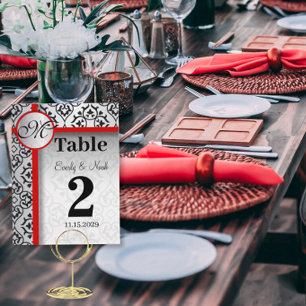 Numéro de table à motif damassé noir et argent ave