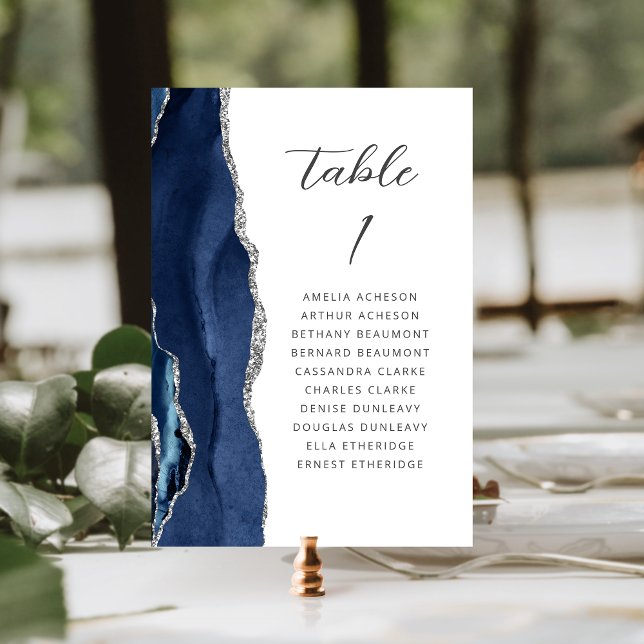 Numéro De Table Agate Navy Blue Silver Modern Script Mariage (Créateur téléchargé)