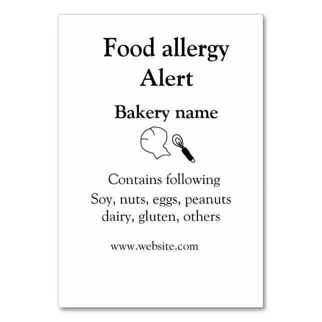 Numéro De Table Alerte d'allergie alimentaire ajouter le nom texte (Par défaut)
