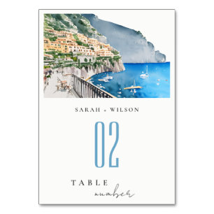 Numéro De Table Amalfi Coast Italie Aquarelle Mariage Paysage