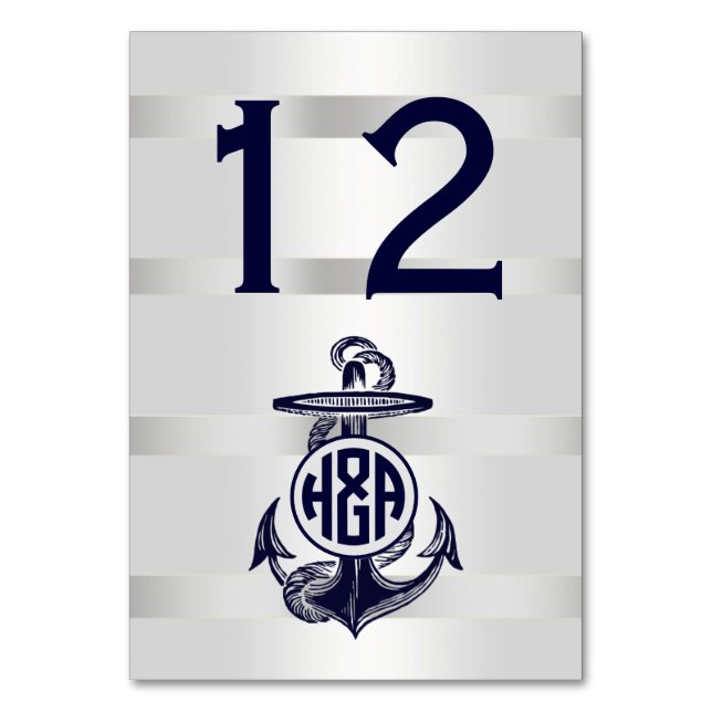 Numéro De Table Ancre Bleue Argent Blanc Cercle Marine Monogramme  (Par défaut)