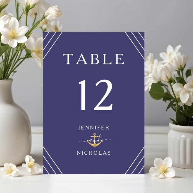 Numéro De Table Ancre d'or Bleu de marine  de marine Mariage (Nautical Stripes Gold Anchor Navy Blue Wedding Table Number)