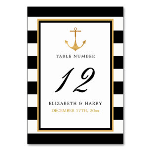 Numéro De Table Ancre d'or nautique vintage, Mariage noir et or